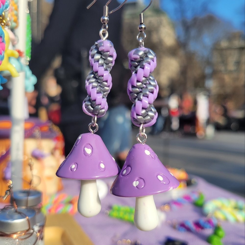 Silver Spirals w Purple Mushroom Charms Handmade Lanyard / Scoobidou Earrings